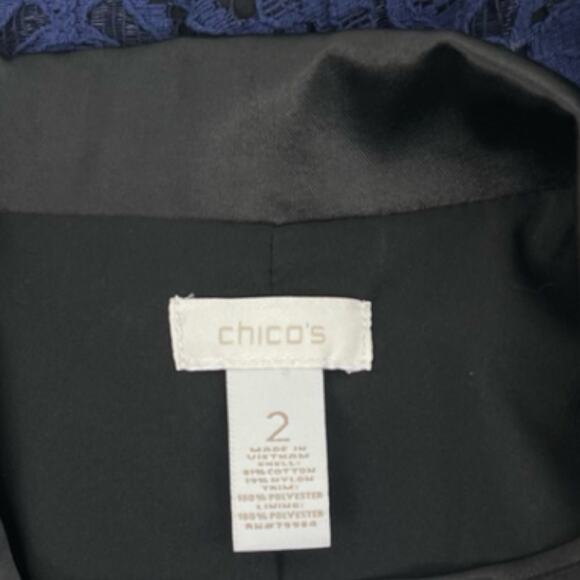 Chico's Lace Open Front Blazer Jacket Satin Lapel Blue Black Size 2/ L - Picture 7 of 8